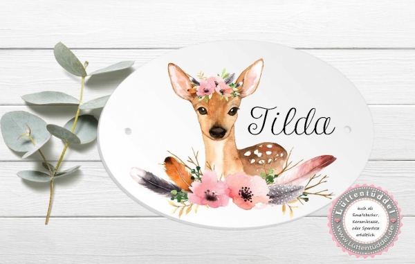 zauberhaftes ovales Türschild mit Reh und Wunschname, Kinderzimmer- zur Einschulung, Geburtstag, Taufe, Lüttentüddel®